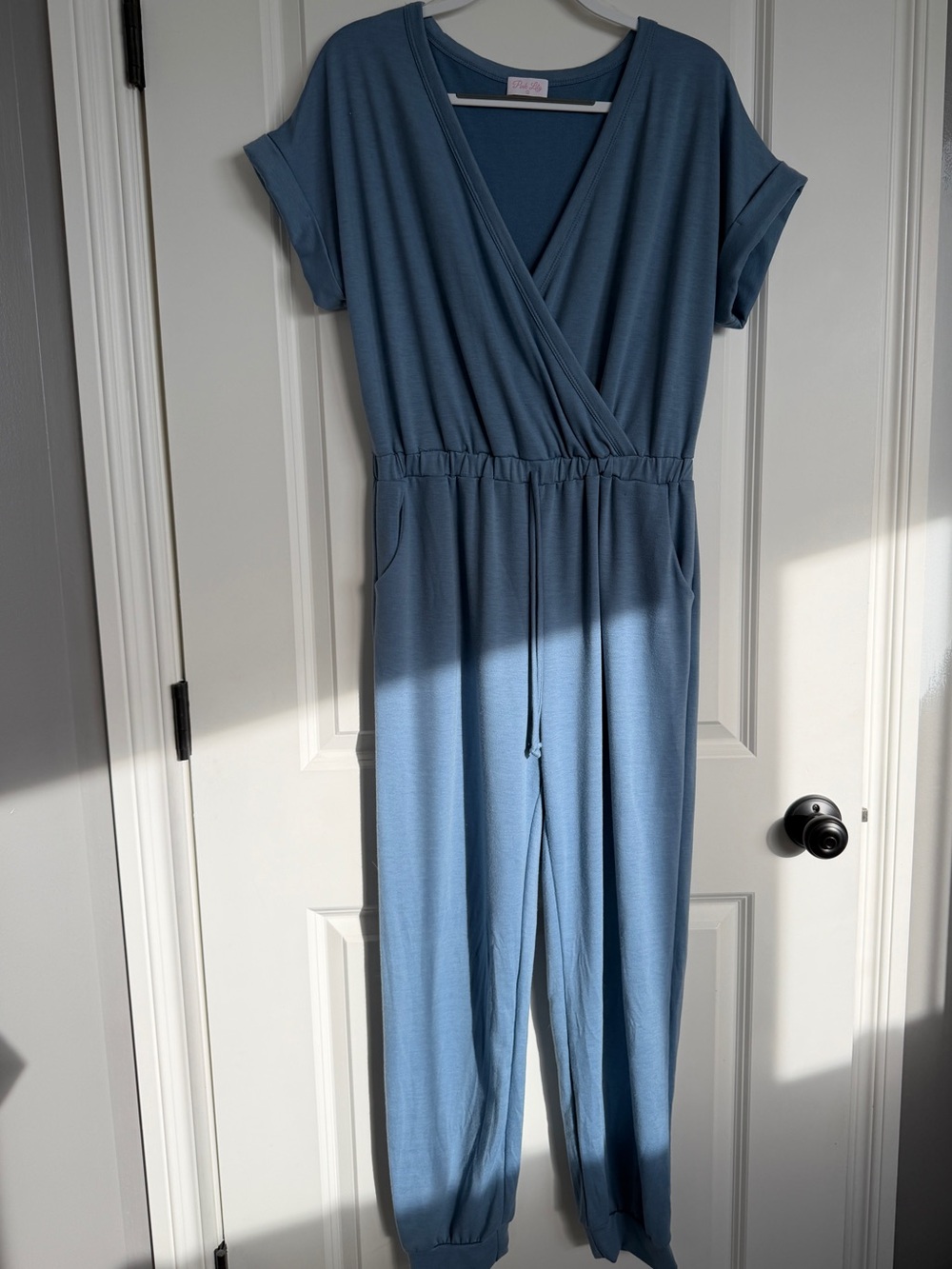 Pink Lily Blue V-Neck Wrap Waist Short Sleeve Jumpsuit with Drawstring NWOT